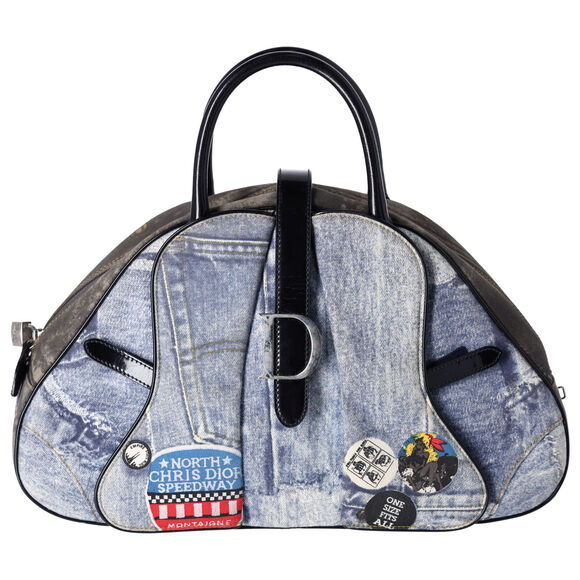 Dior Handbags - Dior Denim Print Double Saddle Bowler Blue Black Multi Canvas Patent Leather